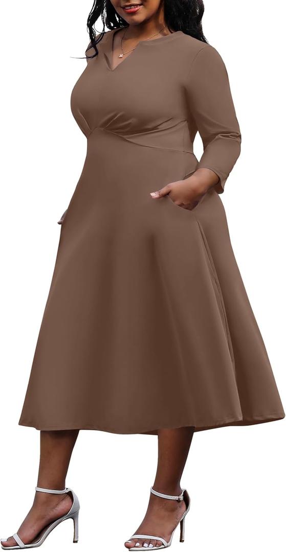 Nmoder Women's Plus Size Stretchy Flared Wrap Dress Casual Wedding Guest Midi Dresses V Neck 3/4 Sleeve A-Line Swing Dress (Brown, 3x)