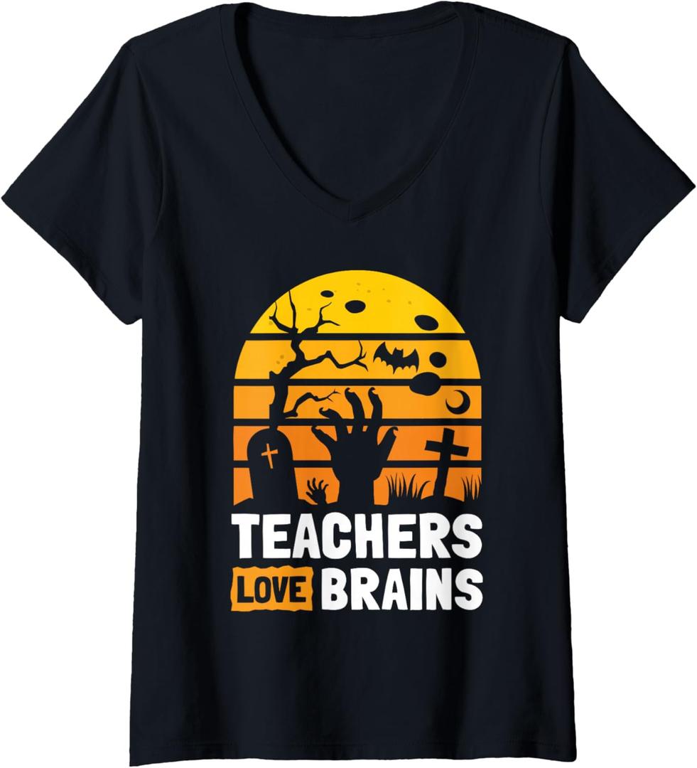 Womens Halloween Teachers Science Math Teachers Love Brains V-Neck T-Shirt XL