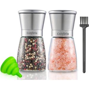 Premium Salt and Pepper Grinder Set of 2, Refillable Stainless Steel Spice Shakers with Adjustable Coarseness, Easy Clean Durable Ceramic Mills, Include Silicone Funnel & Cleaning Brush (5.3"H-2 Pack)