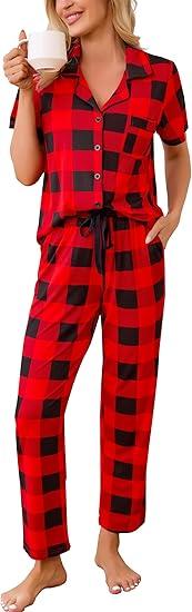 Samring Women Pajamas Sets 2 Piece Short Sleeve Soft Sleepwear Pjs Lounge Set Button Down Nightwear with Long Pants, Red And Black Medium