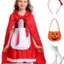 Mosong Little Red Riding Hood Costume for Girls Kids Halloween Fairytail Storybook Character Cosplay Dress Hooded Cloak 3-13 Years