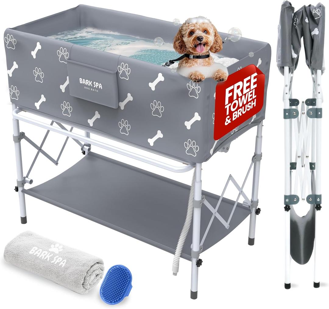 Dog Bath Tub - Free Brush & Towel Foldable & Portable Dog Washing Station Lightweight Elevated Design for Indoor & Outdoor Grooming
