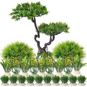 BEGONDIS 25Pcs Artificial Aquarium Tree & Plants Set - Green Fake Aquatic Plants for Aquarium Decorations