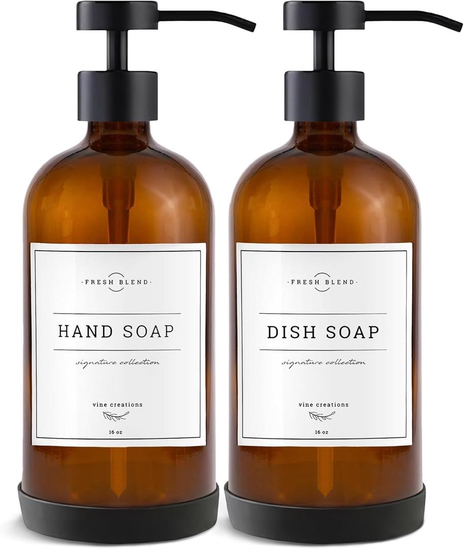 Vine Creations Amber Glass Soap Dispenser Set - Kitchen Soap Dispenser Set with Stainless Steel Pump - 16 oz Dish Soap and Hand Soap Dispensers for Bathroom with Silicone Pad & Waterproof Labels (Amber Bottle / Matte Black Flat-Style Pump)
