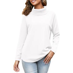 Women's Turtleneck Knit Pullover Long Sleeve Casual Oversized Curved Hemline Sweater Tops (White)
