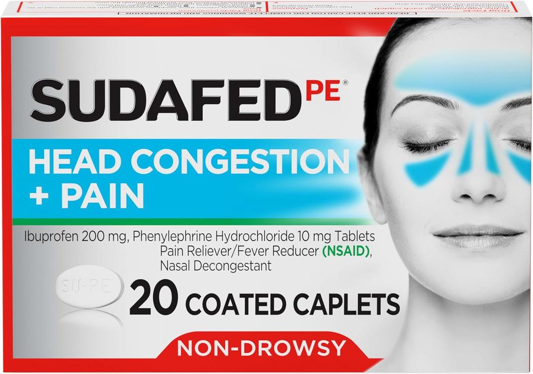 Sudafed PE Non-Drowsy Head Congestion + Pain Relief Caplets with Ibuprofen 200 mg & Phenylephrine HCl 10 mg, Nasal Decongestant & NSAID Pain Reliever & Fever Reducer, 20 ct