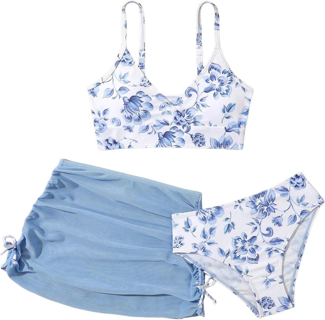COZYEASE Girls' 3 Piece Set Floral Bikini Swimsuit with Beach Skirt (Blue, M)