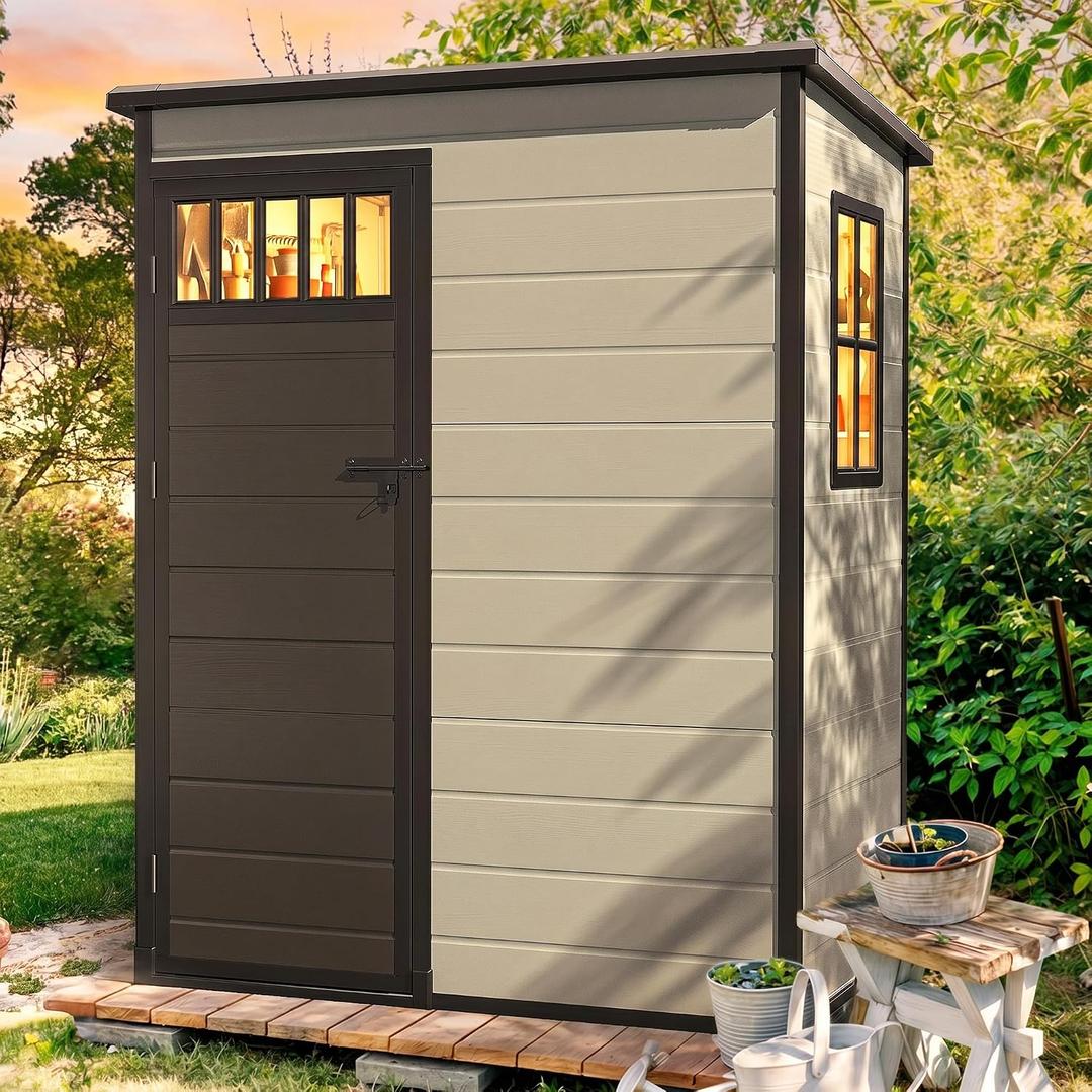 DWVO 5x3FT Outdoor Storage Shed with Fence-Style and Side Windows, Floor, Lockable Doors, Plastic Storage for Backyard and Garden, Blue-Gray