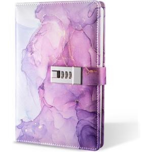 Diary with Lock, A5 Lockable Journal, PU Leather Combination Lock Diary, Lock Diary Planner Organizer for Men and Women, Office Product 8.6 x 5.9 in- Purple