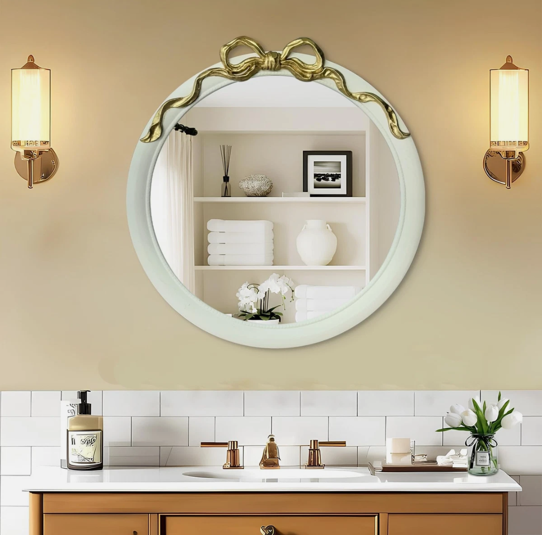 iyabat 28x28 inch Bow Mirrors for Wall, Round/Circle God and White Decorative Wall Mounted Mirror, Irregular Mirrors Suitable for Bedroom, Hallway, Living Room Decoration, Bathroom Sink