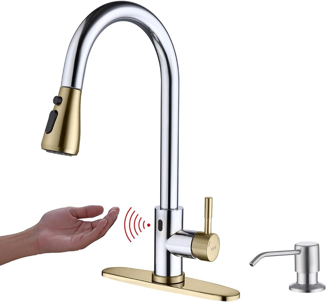 Touchless Kitchen Faucet with Pull Down Sprayer, Motion Sensor Kitchen Faucet with Soap Dispenser, Single Handle High Arc Pull Out Faucet for Kitchen Sink RV Kitchen, Gold and Polished Chrome