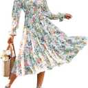 Amegoya Women's Boho Flowy Long Sleeve Square Neck Floral Midi Dress Smocked Spring Fall Wedding Guest Dresses (Green, S)