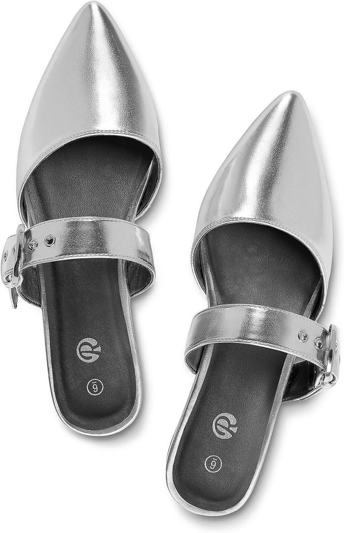 Rekayla Mules for Women Adjustable Strap Pointed Toe Backless Loafer Shoes (9.5, Silver)