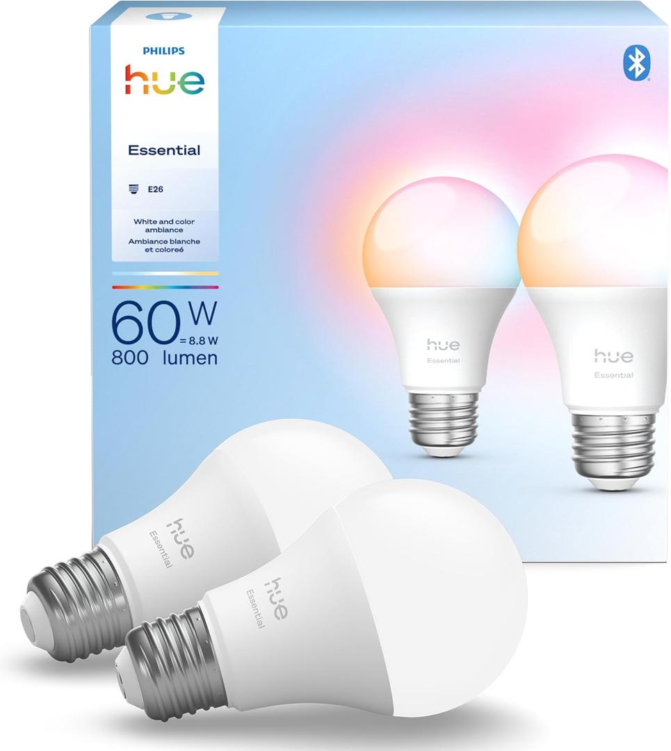 Philips Hue Essential Smart LED A19 Bulb, White and Color Ambiance, E26 Base, 8.8W, 2200K-6500K, 800 Lumens, Dimmable, Works with Alexa, Google, and Apple Home, 2-Pack