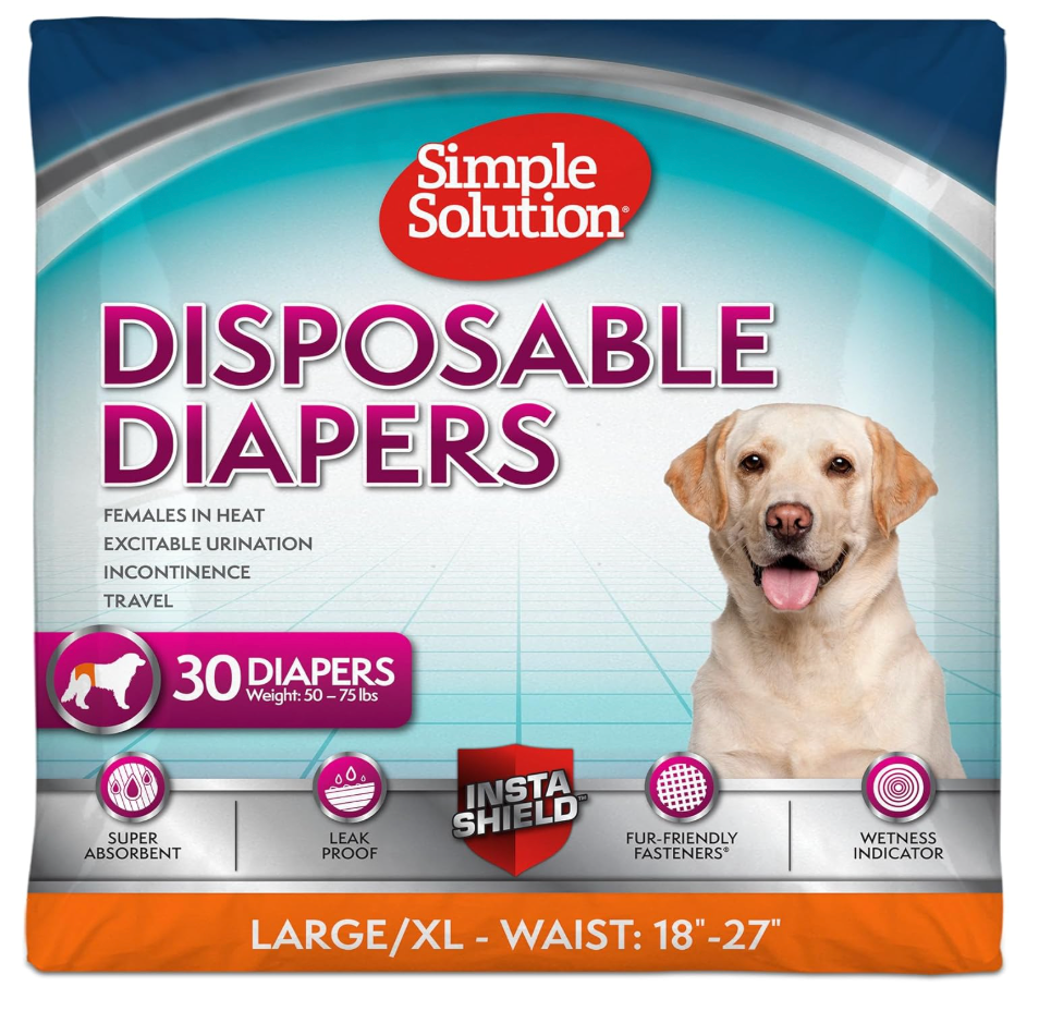 Simple Solution Disposable Dog Diapers, Female Dog Diapers, Puppy Potty Training, Incontinence and Heat Cycle Protection, Large Diapers for Dogs, 1827 Inch Waist, 30 Count