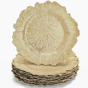 WUWEOT 12 Pack Gold Charger Plates, 12.7" Round Plastic Reef Plate Chargers with Flora Reef Design for Wedding Dinner Party Decoration
