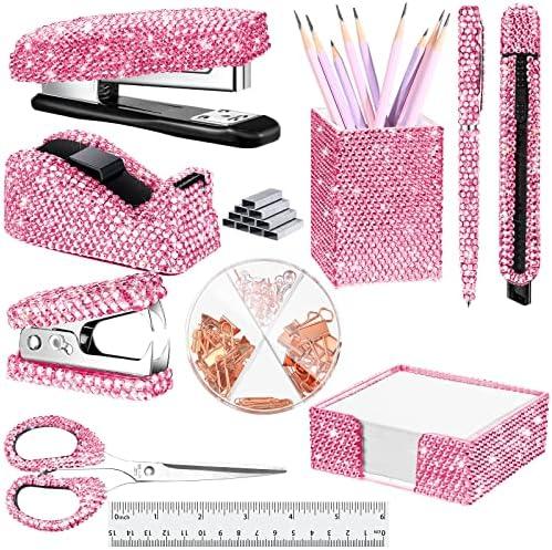 Teling 10 Pcs Bling Office Accessories for Desk Bling Crystal Office Supplies Set Desk Accessory Kit Glitter Stapler Staple Remover Tape Dispenser Diamond Pen Scissors for Women Home, (Pink)