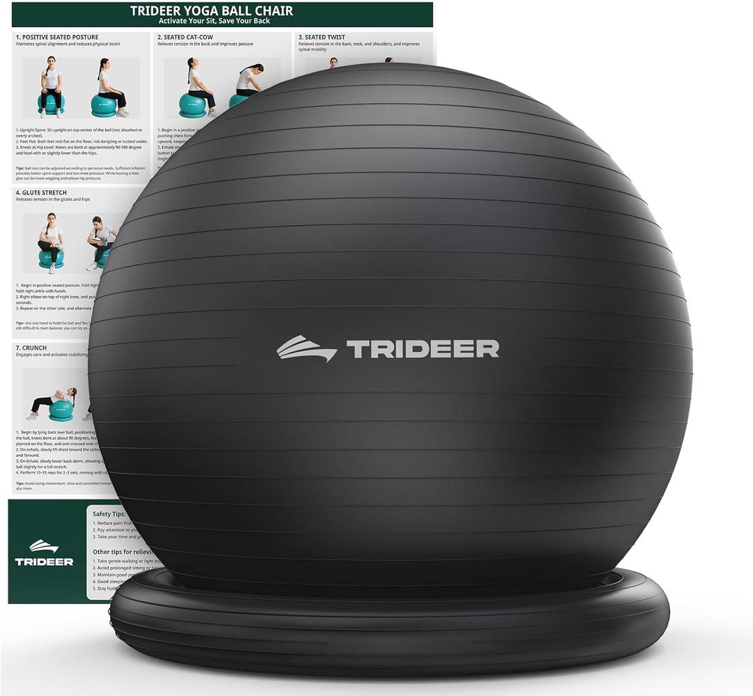 Trideer Exercise Ball for Office Desk, Yoga Ball Chair to Relieve Back Pain, Stability & Fitness Ball Seat with Base, Home Gym Core Workout, Abs, Stretching & Therapy (L(23-26ines/58-65cm), Black)