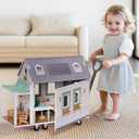 ROBOTIME Doll House, Wooden Dollhouse with Wheels for Girls, Pretend Play RV Set Dollhouse Moveable with 10+Pcs Furniture Accessories, Gift for Kids Ages 3+