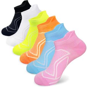 Womens Athletic Running Ankle Socks 6 Pairs - Comfortable Crew and Cushioned Low Cut Socks (Black Blue Orange Pink Green White)