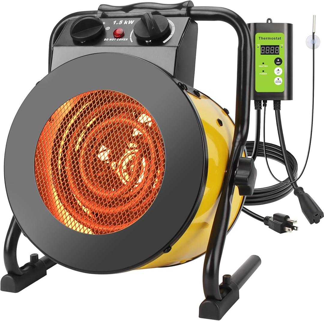 Greenhouse Heater with Digital Thermostat, 1500W Grow Tent Heater, Overheat Protection & Fast Heating, Electric Space Heaters for Patio, Garage, Greenhouse, Flower House, Yellow
