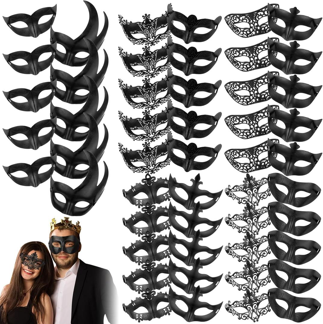 Jenaai 50 Pcs Couple Masquerade Mask Venetian Mardi Gras Halloween Carnival Mask for Women and Men Costume Ball Party (Black)