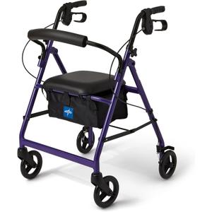 Medline Aluminum Rollator Walker with Seat, Purple, 250 lb. Weight Capacity, Lightweight, 6 Wheels, Foldable, Adjustable Handles, Rolling Walker for Seniors