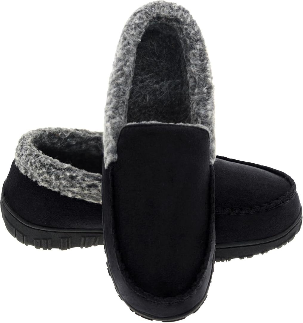Lulex Moccasins for Men House Slippers Indoor Outdoor Plush Mens Bedroom Shoes with Hard Sole (11, Dark Black)