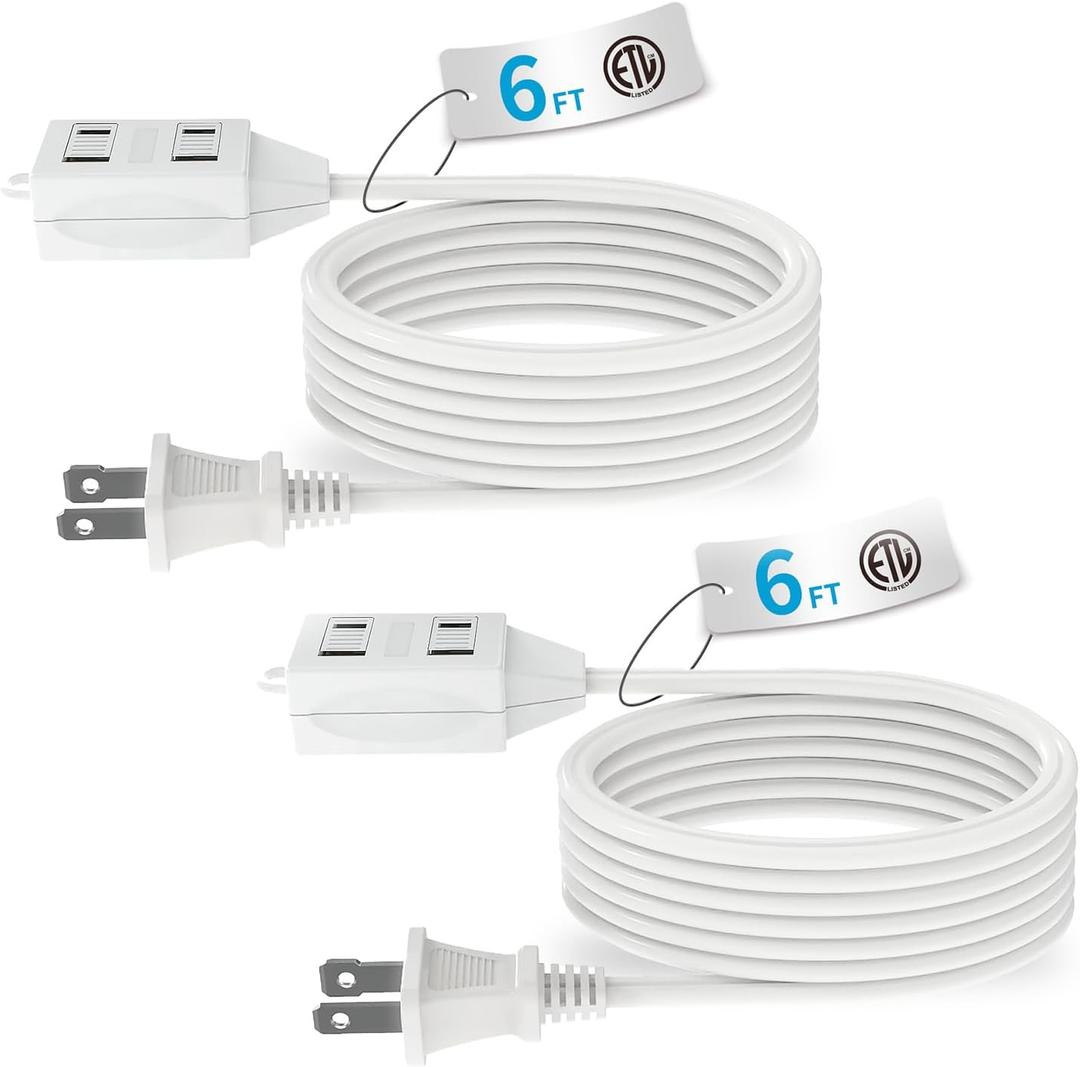 TiFFCOFiO Indoor Extension Cord, 2 Prong 6 Feet Extension Cord, 3 Polarized Outlets with Safety Slide Windows,13A/1625W, 16 AWG, 2 Packs