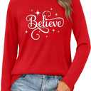 Christmas Shirts for Women Believe Shirt Cute Merry and Bright Pullover Top Xmas Long Sleeves Tops (M)