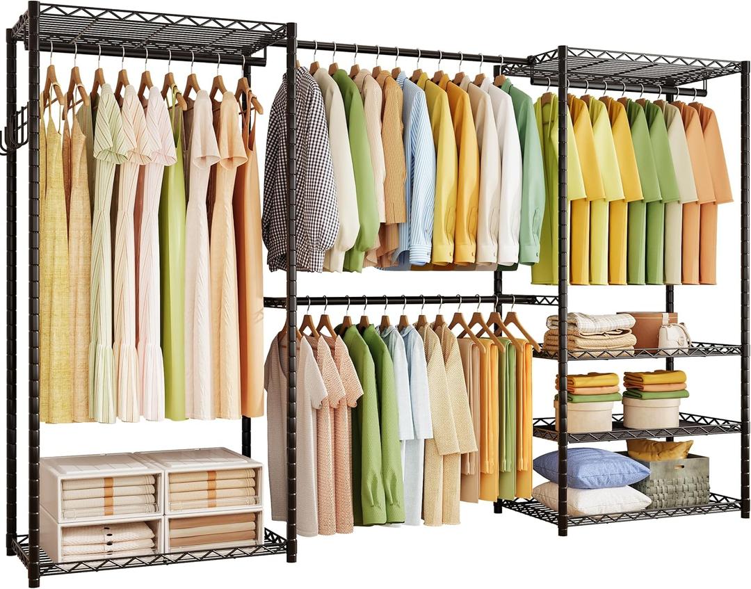 15.75"D x 88.2"W x 79.5"H ecobedding Heavy Duty Garment Rack, 900LBS Max Load Freestanding Closet Organizer with 6 Storage Shelves & 3 Adjustable Hanging Rods, Multifunctional (Black, 15.75"D x 88.2"W x 79.5"H)