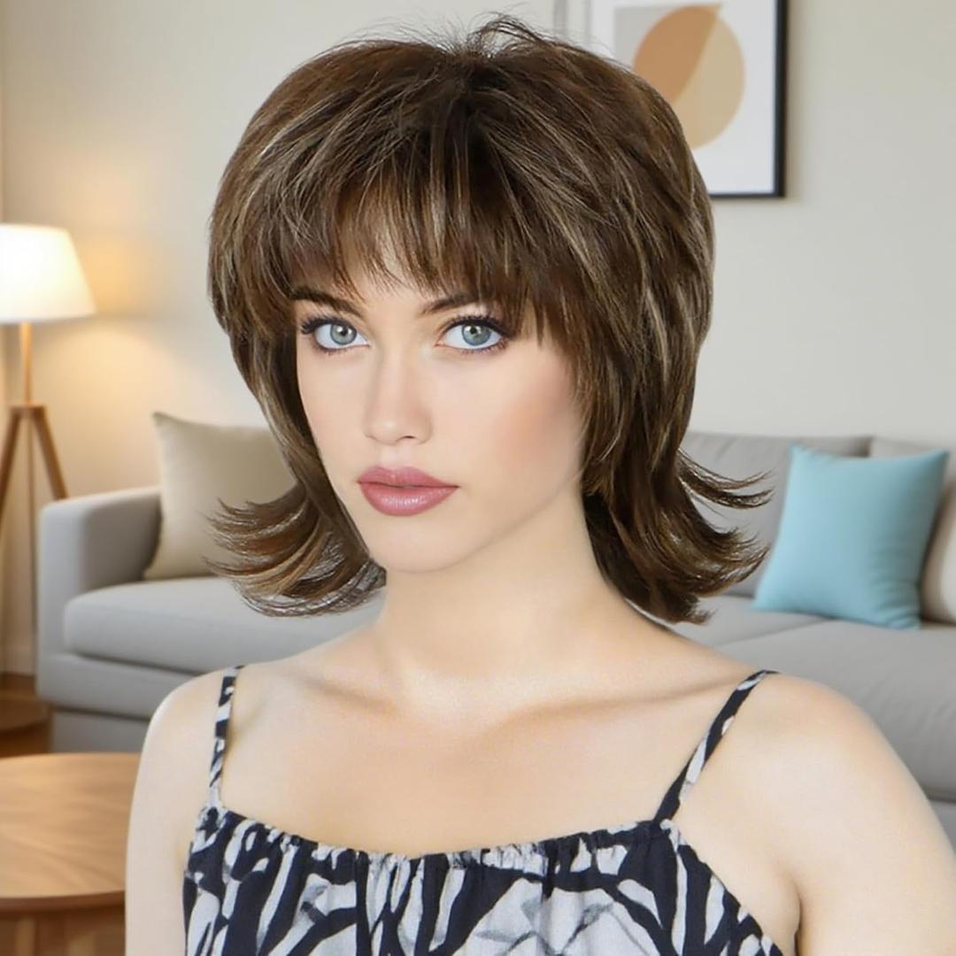 Creamily Mullet Wig Shaggy Layered Fluffy Brown Mixed Blonde Curly Pixie Cut Wigs with Bangs Synthetic Wolf Cut Wig for Women 70s 80s Rocker Cosplay Halloween Costume Hair Replacement Wigs, D-Brown Mixed Blonde Wig