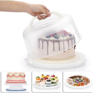 Portable Cake Carrier with Lid and Handle, Cake Turntable + Cupcake Storage Tray for Transport, 10" Round Cake Container Holder with Two Sided Base for Pies Nuts Fruit Cookies, White