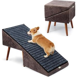 2-in-1 Dog Ramp and Stairs for Bed and Couch, 17 Inch High,Foldable Ottoman Ramp with Non-Slip Replaceable Carpet, Joint Relief for Small and Large Dogs (Brown)
