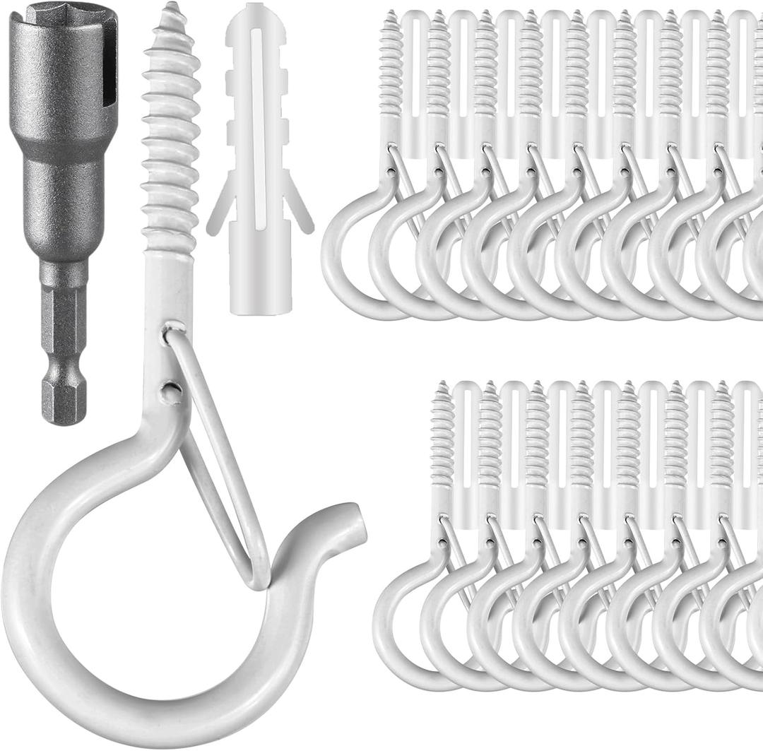 FSAH 24 PCS Q-Hanger Hooks, Screw Hooks for Outdoor String Lights, Safety Buckle Design Cup Eye Hook for Hanging Christmas Lights, Plants, Mounted on Wall Ceiling, Include 1 Wing Nut Driver, White