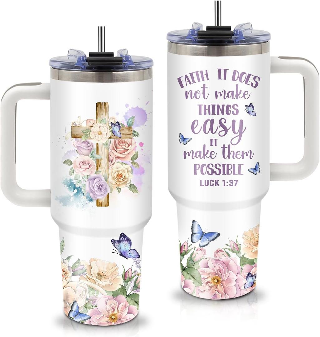 Christian Gifts for Women 40oz Faith Prayer Tumbler with Handle and Straws, Stainless Steel Insulated Travel Coffee Mugs, Leak-Proof, Inspiring Religion Birthday Biblical Pastor Appreciation Gifts Cup