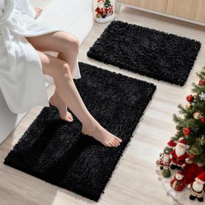 Yimobra Bathroom Rug Set 2 Piece, Luxury Shaggy Bath Mat Set with Non Slip Backing, Ultra Soft & Absorbent Mats for Bathroom Floor, Machine Washable, 31.5"x20"+24"x17", Black