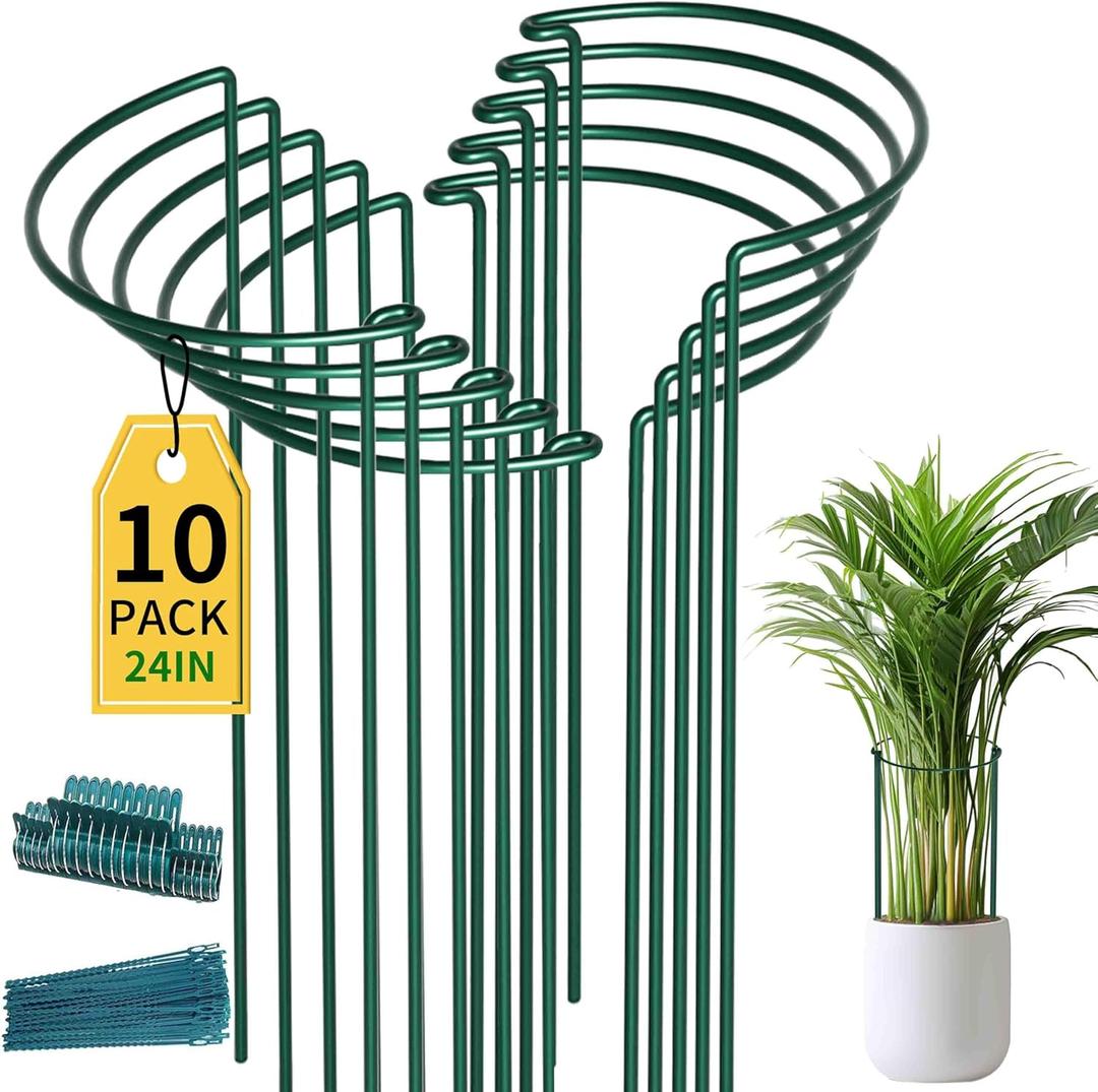 TCBWFY 10 Pack Plant Support Stakes - 10" Wide x 24" High Heavy Duty Metal Peony Cages and Supports for Outdoor and Indoor Plants (Dark Green)