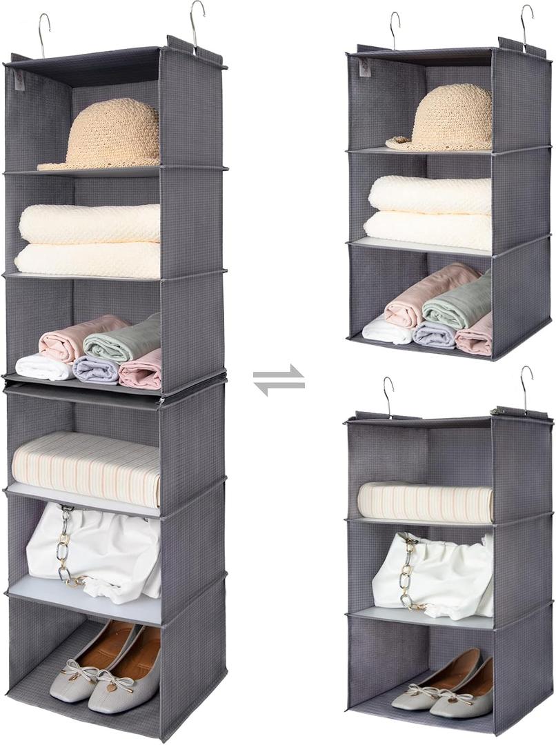 GRANNY SAYS 6-Shelf Hanging Organizer for Closet, Separable to 2 Pack 3-Shelf Hanging Shelves, Hanging Organizer for Bedroom, Ash Gray