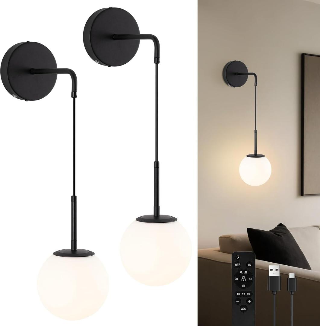 Battery Operated sconces Set of 2 Glass Globe Rechargeable Black Wall Light Fixture Wireless Wall Lights with Clear Glass Shade for Living Room, Hallway, Bedroom (2 Pack)
