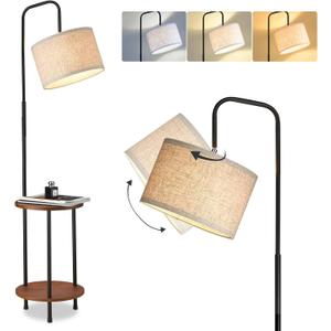 ELYONA Modern Floor Lamp with End Table, 3-Color Temperatures Solid Wood Side Table Lamp with Adjustable Drum Shade, Rustic Reading Standing Light for Bedroom, Living Room, LED Bulb Included, Brown