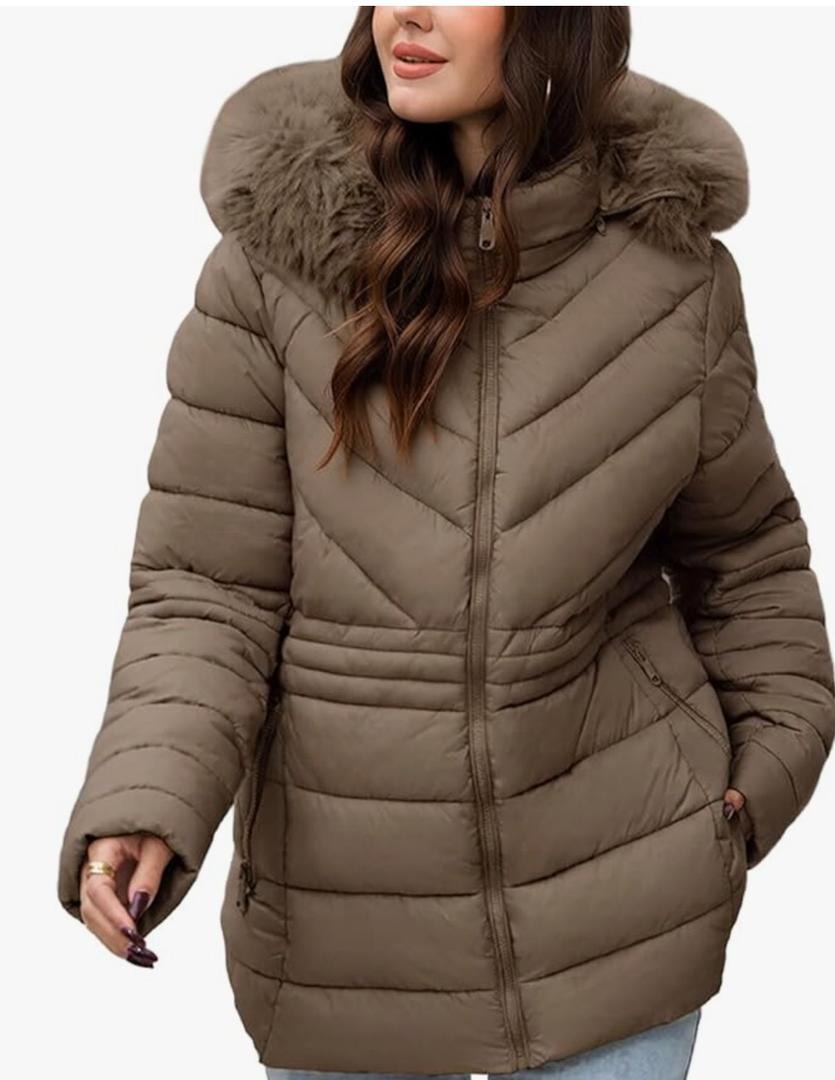 Bellivera Women's Winter Thickened Quilted Puffer Jacket Zipper Pockets Bubble Coat with Removable Hood and Faux Fur Collar Large