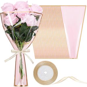 YooNotee 60 Pcs Flower Wrapping Bags for Valentine's Day Bouquets Supplies 17.7 x 10.9 Inches Plastic Flower Bouquet Sleeve Clear Front Floral Wraps with Ribbons for Graduation Party (Pink)