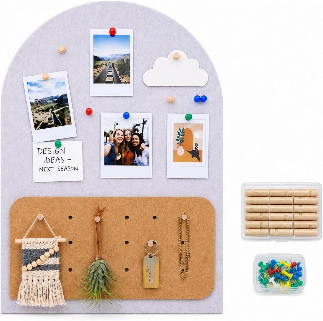 Felt Bulletin Board with Pegboard, 23.6 x 15.7 in Arched Pin Board for Wall