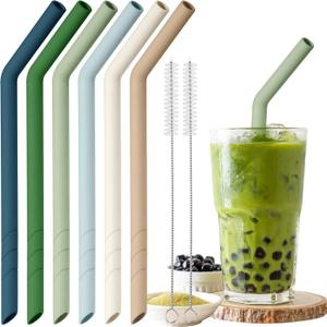 NiHome 6PCS Extra Wide Reusable Bent Silicone Straws for Boba, Smoothies, Bubble Tea, Eco-Friendly Bent Straws for St. Patrick Day Thick Drinks, Customizable Length, 2 Brushes (Nature Colors)