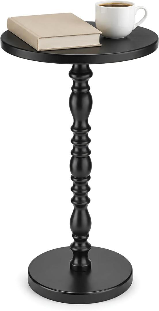 Round Side Table, Solid Wood Pedestal Drink Table for Small Spaces, Modern Accent End Table with Non-Slip Base for Living Room, Bedroom, Sofa Couch, Black