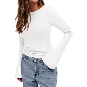 BTFBM Long Sleeve Shirts for Women 2026 Spring Y2K Clothes Casual Boat Neck Bell Sleeve Fitted Fall Going Out Tops(White, Small)