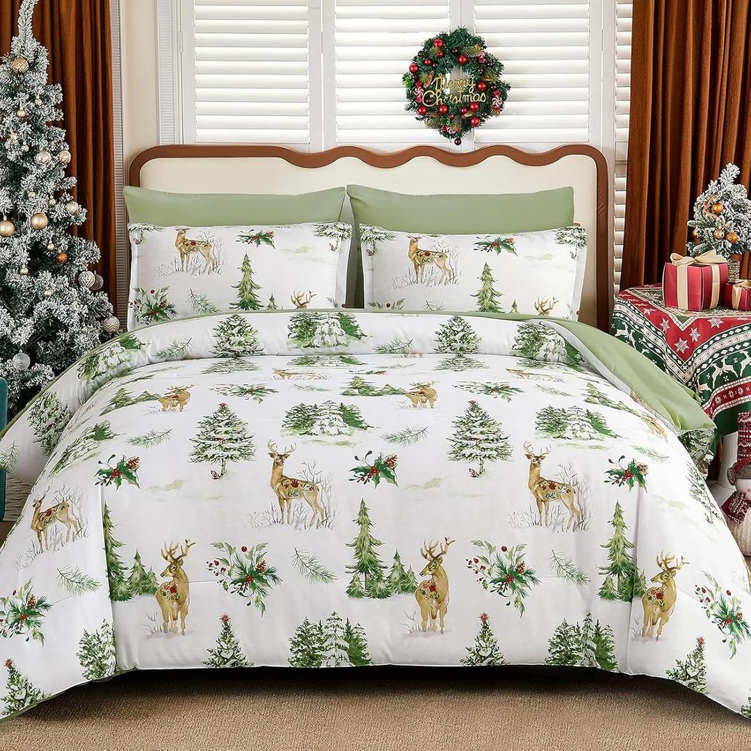 DJY Christmas Comforter Set Queen Size 7 Piece Reindeer Christmas Tree Green Bed in a Bag, Soft Microfiber Winter Xmas Festive Holiday Decorative Comforter Bedding Set(90''x90'', 7Pcs)