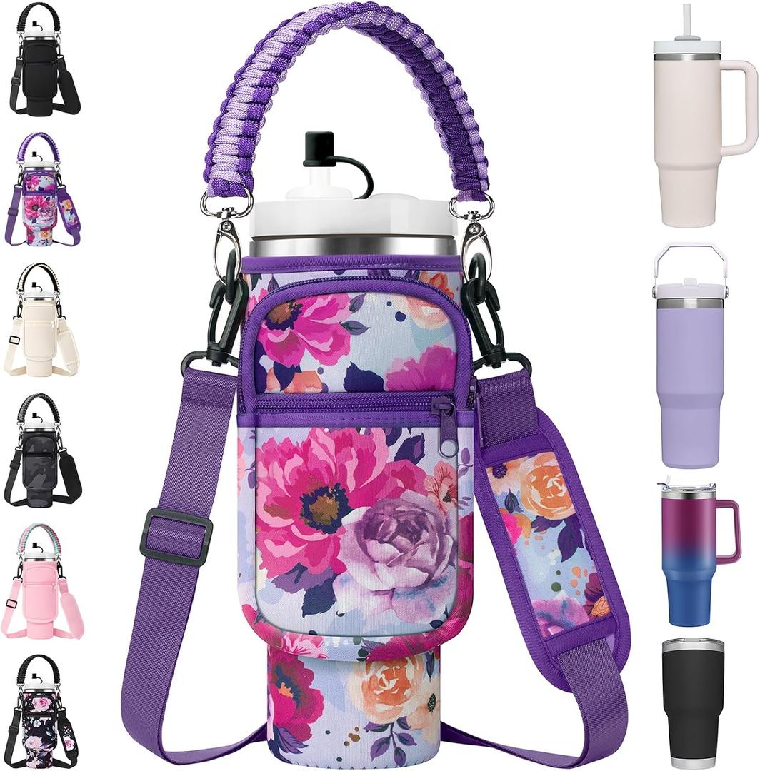 AceTreker Water Bottle Carrier Bag with Paracord Handle for Stanley 40/30 oz Tumbler Neoprene Insulated Mug Sleeve Pouch with 2 Pockets & Adjustable Strap & Straw Cover for Stanley Cup Accessories