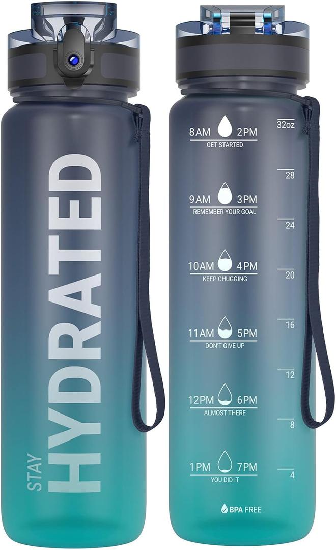 Sahara Sailor Water Bottle 32oz, Durable and Leakproof Water Bottles Motivational with Time Marker, Tritan, BPA Free, Wide Mouth with Easy Clean Brush for Gym, Travel, Home, School, Office (1 Bottle) (33.8 Ounces, Deep Sea)